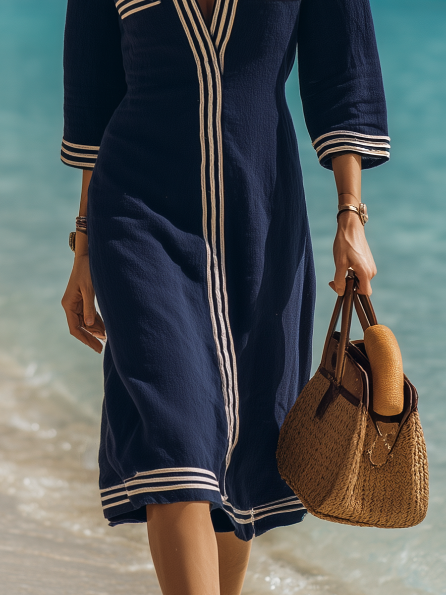 Casual Vacation Five-quarter Sleeve Navy Blue Cotton Midi Dress