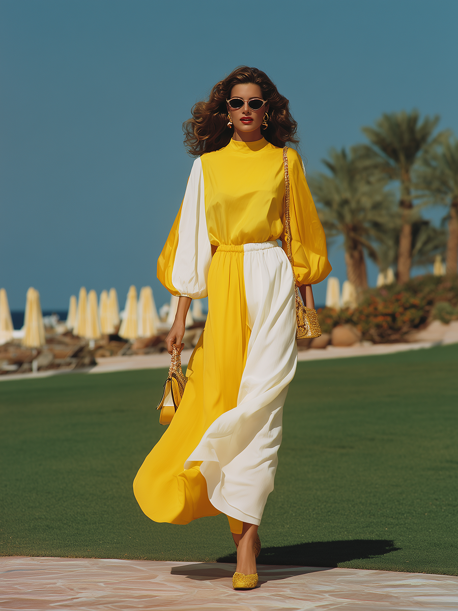 Vacation-style Chiffon Color-block Long-sleeved Maxi Dress