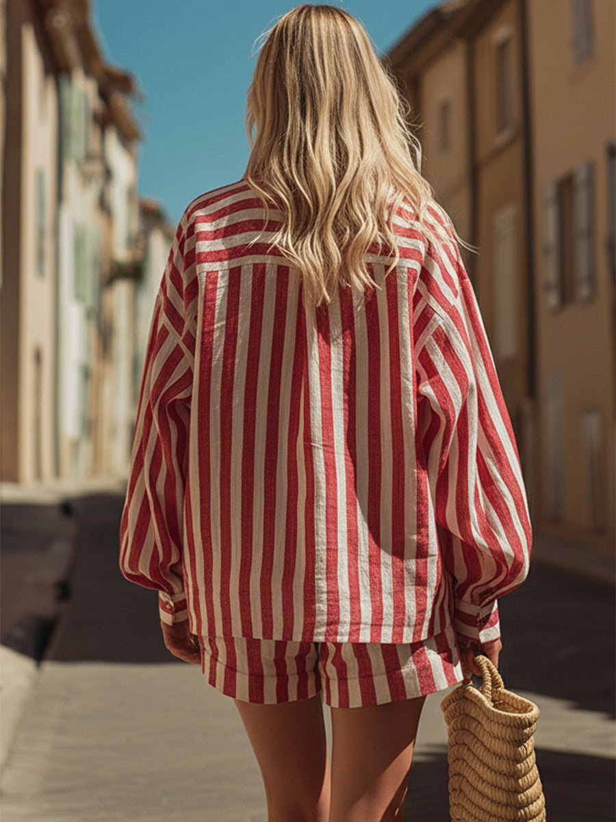 Italian-style Resort Red And White Striped Cotton And Linen Loose Shirt And Shorts Set