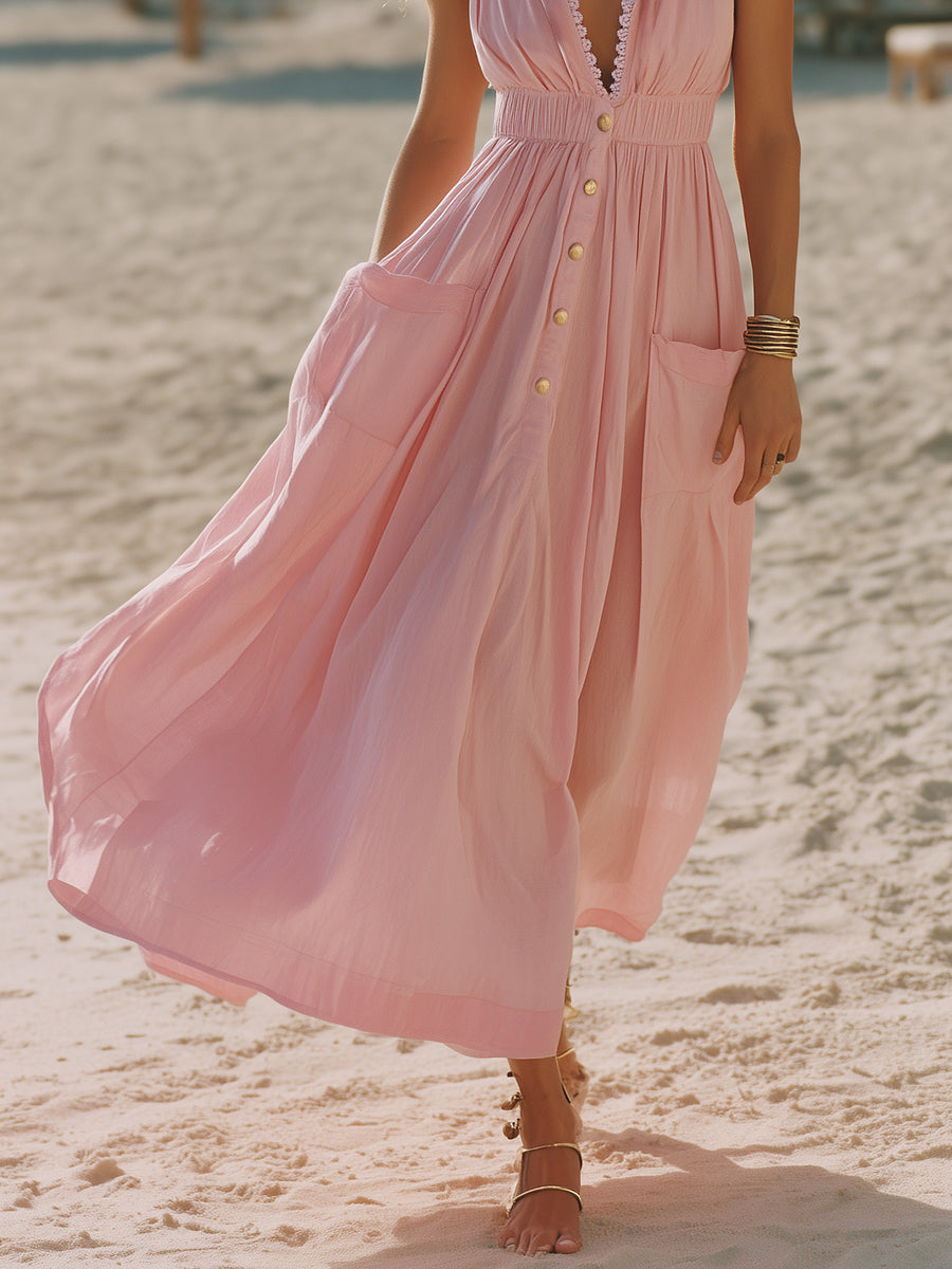 Bohemian Style Pink Cotton Linen Lace Neckline Hooded Loose Midi Dress