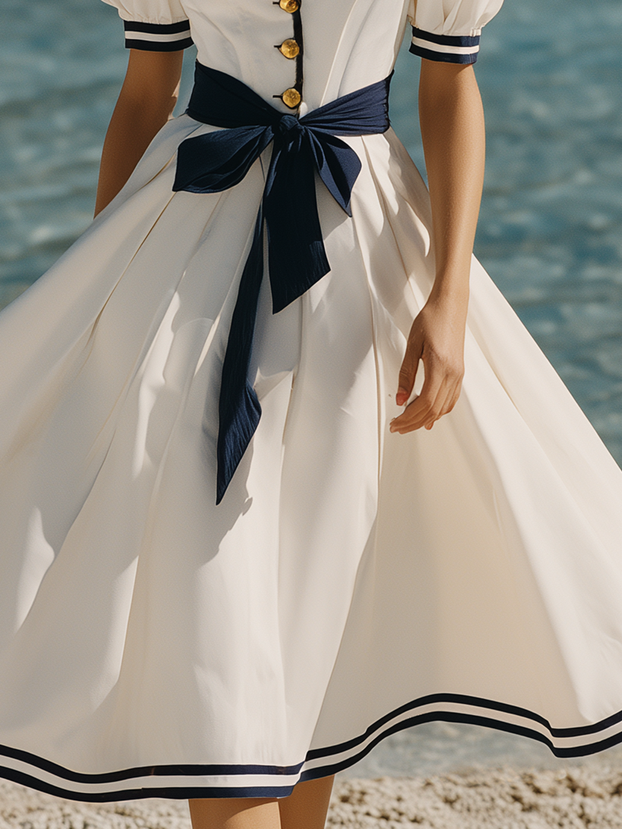 Navy Collar Resort Style White Short-sleeved Midi Dress