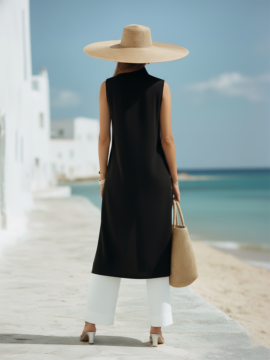 Simple And Sophisticated Black Stand-collar Split-hem Mid-length Sleeveless Top