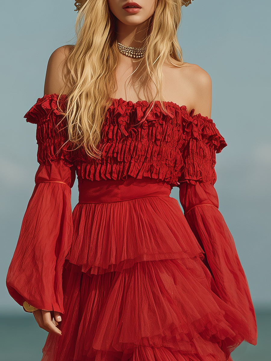 Romantic Vacation Red Tulle Off-shoulder Multi-tiered Cake Maxi Dress