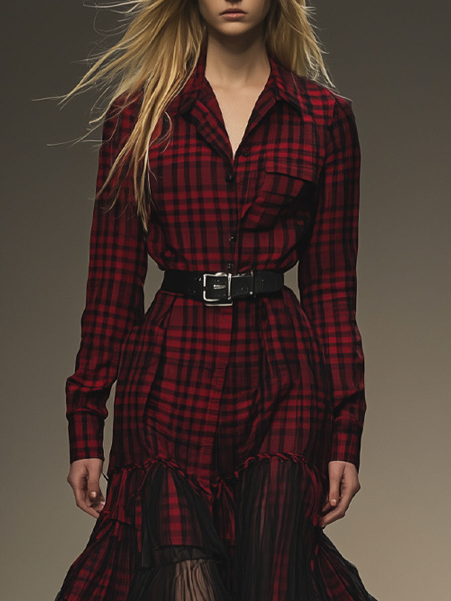 Retro Red Plaid Mesh Stitching Long-Sleeved Shirt Midi Dress