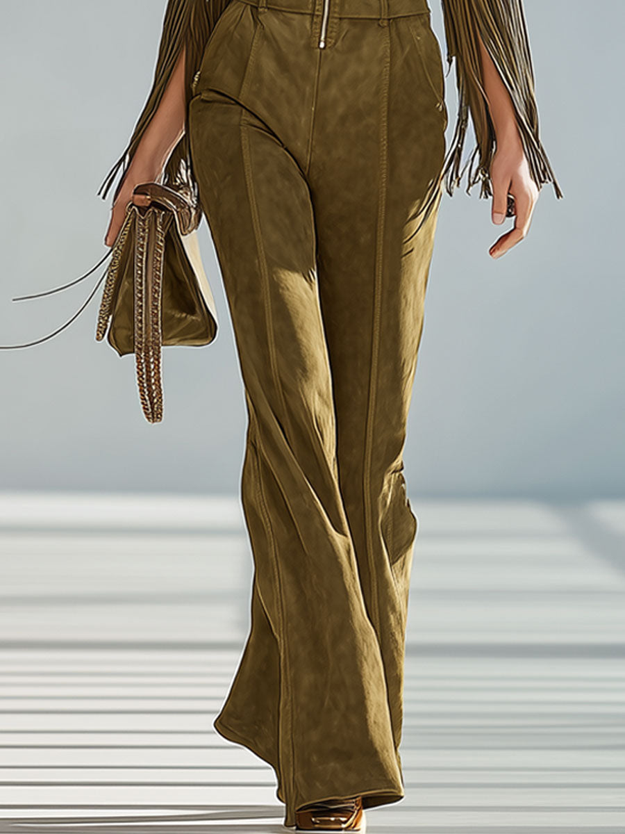 Fashion Retro Olive Green Faux Suede Lapel Tassel Long Sleeve Jumpsuit