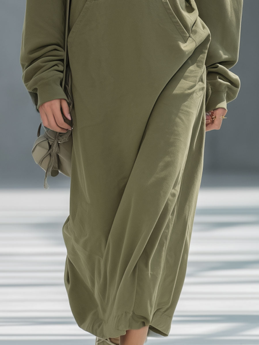 Retro Sports Style Green Hooded Zip-Up Long Dress