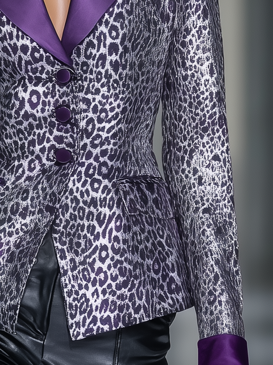 Silver Leopard Print And Purple Button-down Blazer