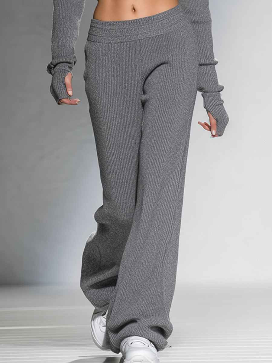 Fashionable Casual Sports Gray Pit Stripe Knitted Hooded Long-Sleeved Suit