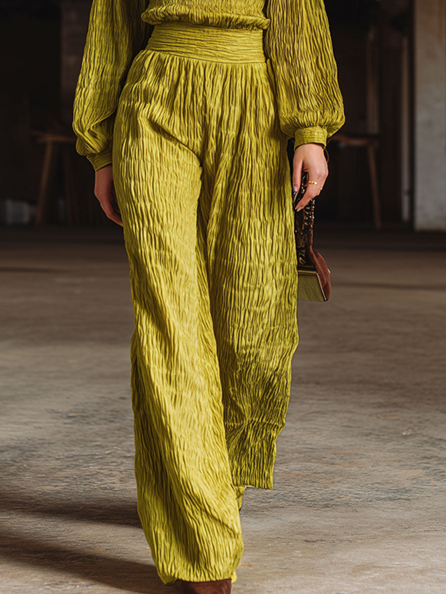 Retro Avocado Green Textured Wrinkled Long Sleeve Elastic Waist Wide Leg Jumpsuit