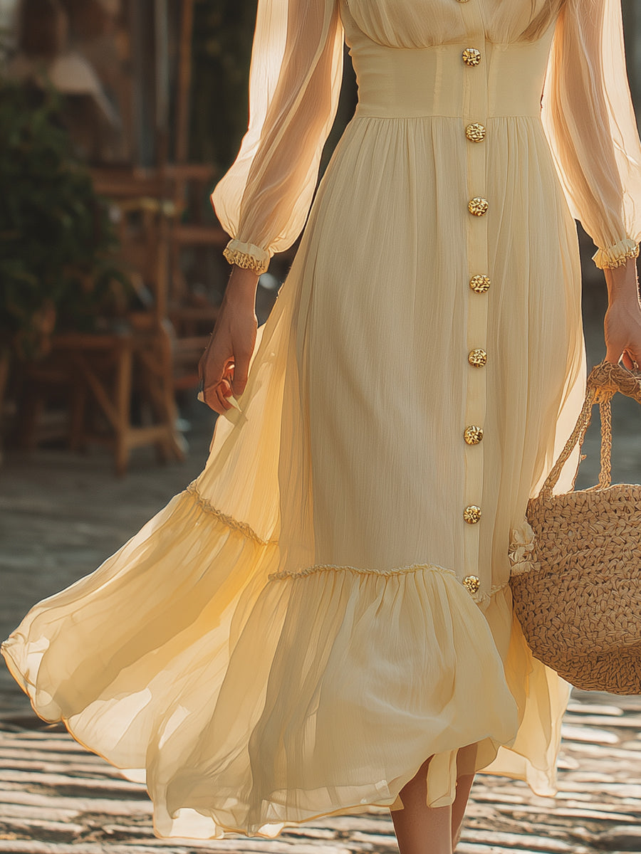 French Romantic Button-down Pale Yellow Chiffon Square Neck Maxi Dress