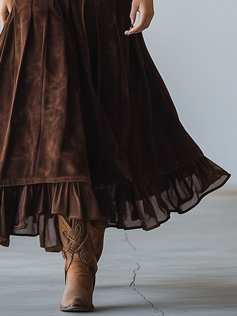 Vintage Cocoa Brown Suede Mesh Splicing A-Line Skirt