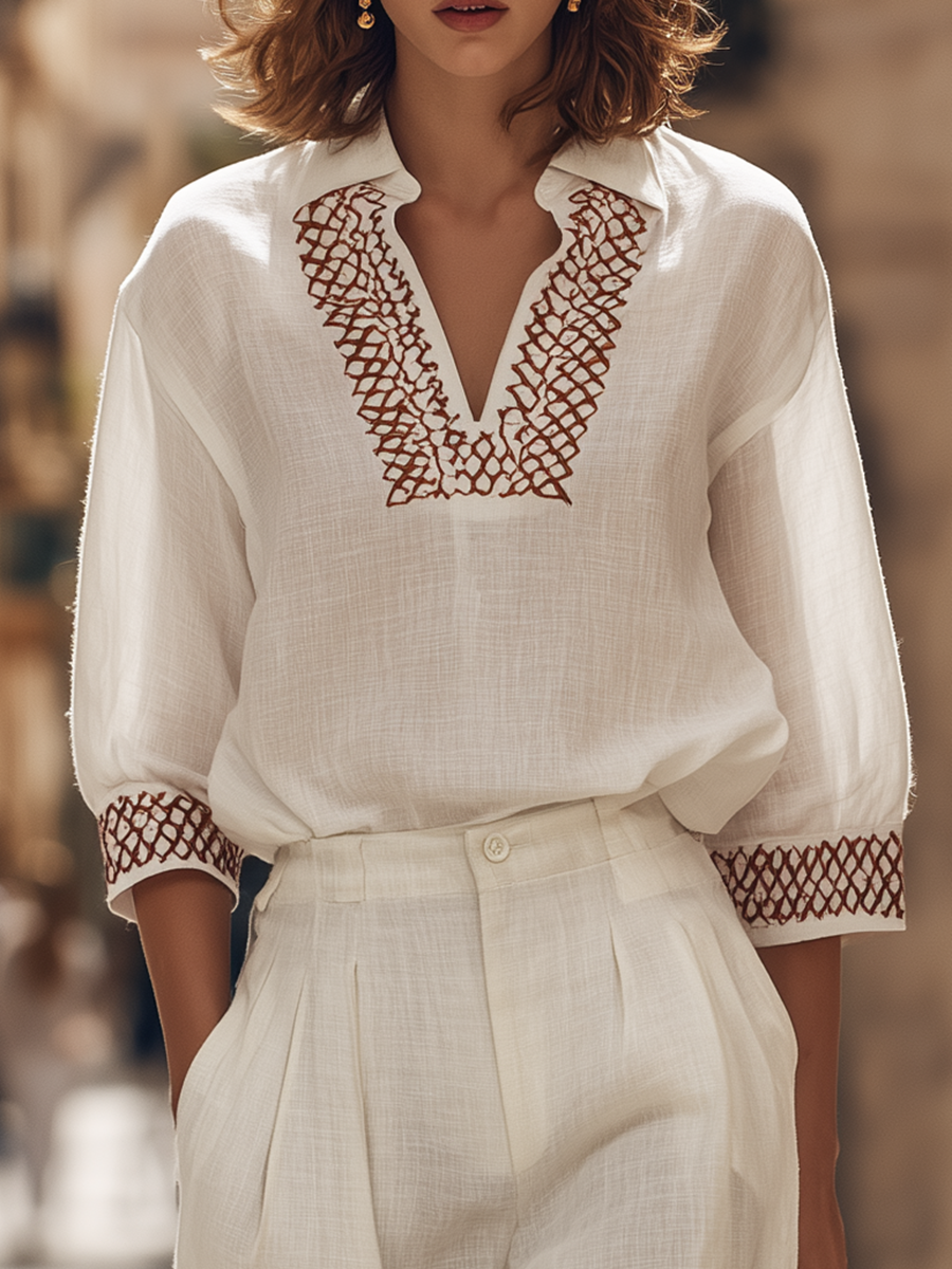 Bohemian Style V-neck Cotton And Linen Embroidered Top And Trousers Set.