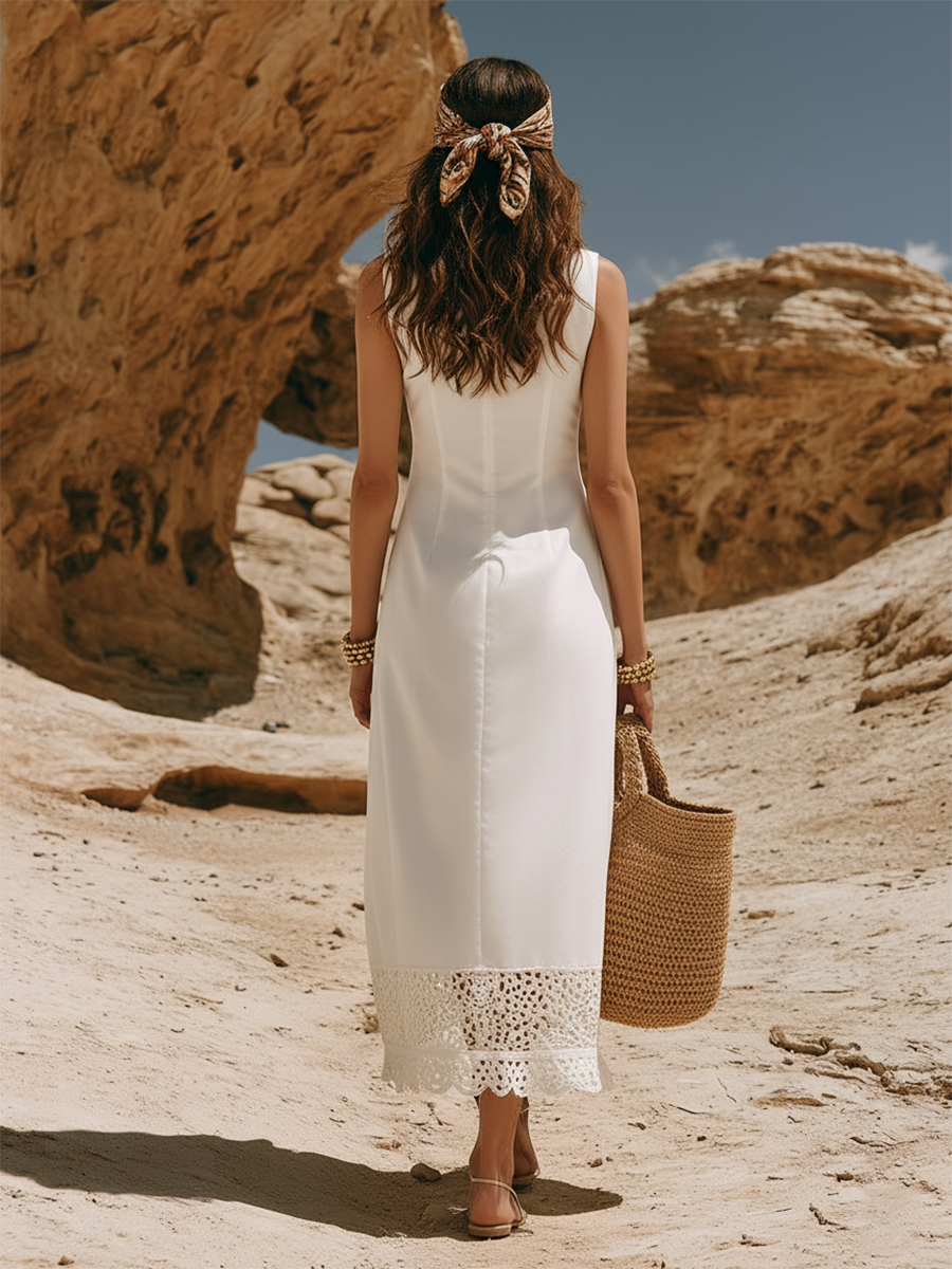 Casual And Resort-style White Cotton Lace Hem Sleeveless Maxi Dress