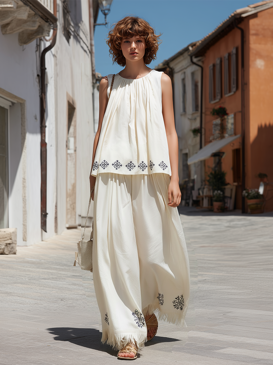 Bohemian Style White Sleeveless Embroidered Top And Trousers Set