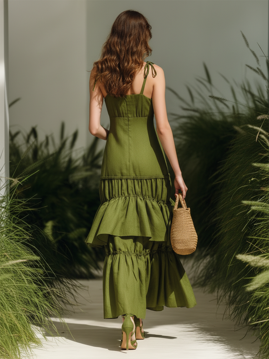 Vacation-style Cotton Green V-neck Maxi Dress