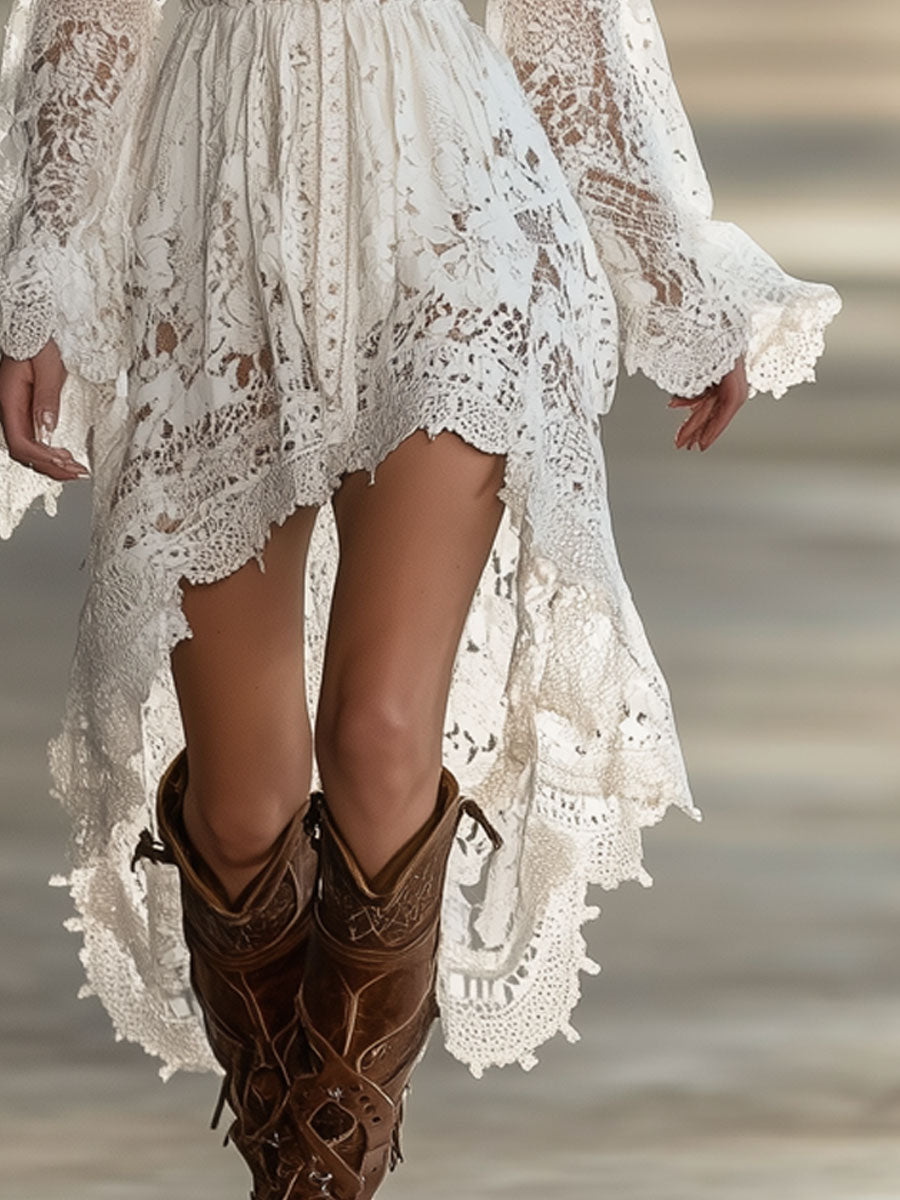 Retro White Lace V-Neck Long Sleeve Short Front And Long Back Skirt Maxi Dress