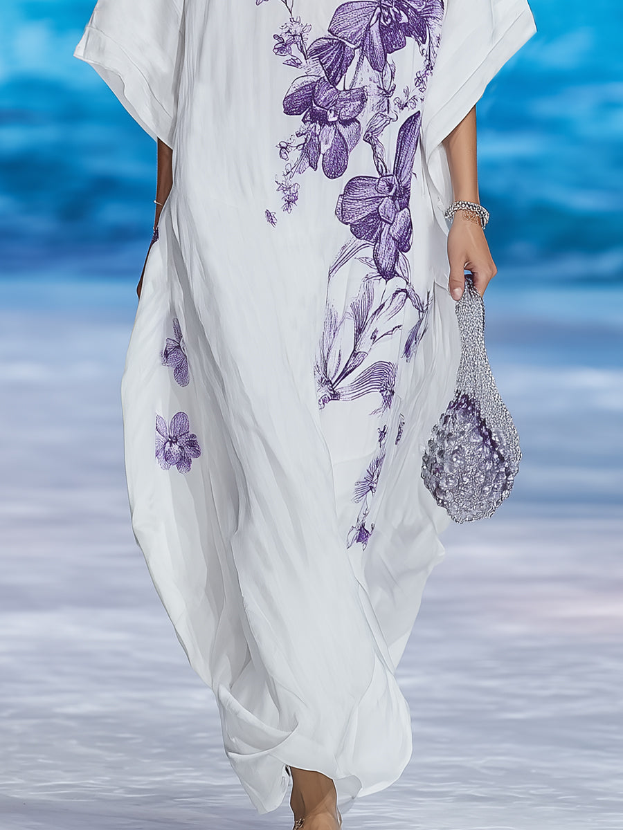 Bohemian Resort Purple Floral Print White Cotton Linen V-Neck Batwing Sleeve Maxi Dress