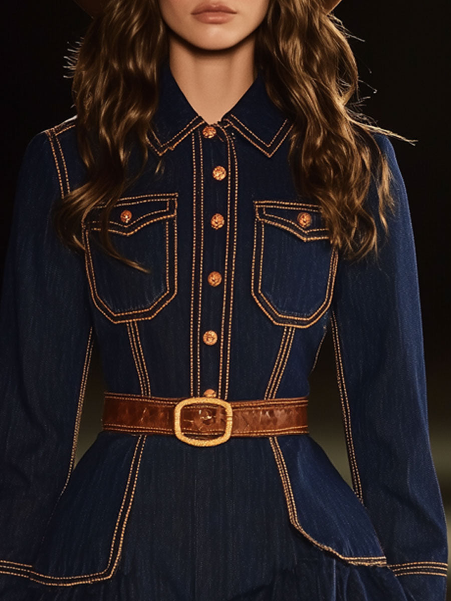 Vintage Navy Denim Topstitched Long Sleeve Ruffled Mini Dress