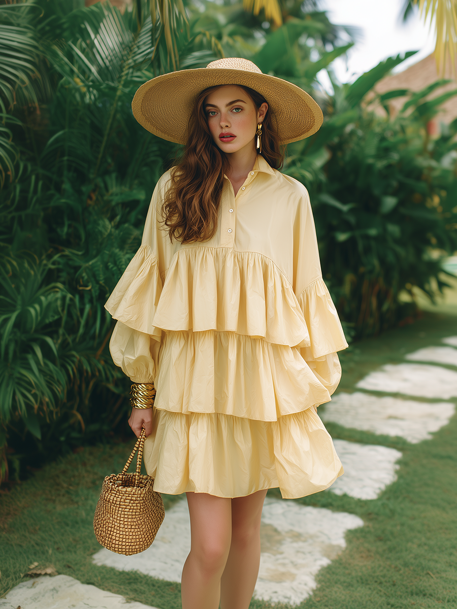 Romantic Vacation Style Ruffled Hem Yellow Cotton Long-sleeved Mini Dress