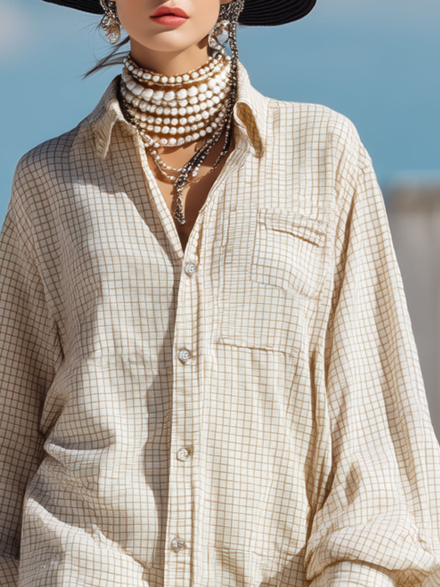 Vintage Loose Khaki Plaid Long Sleeve Shirt Mini Dress