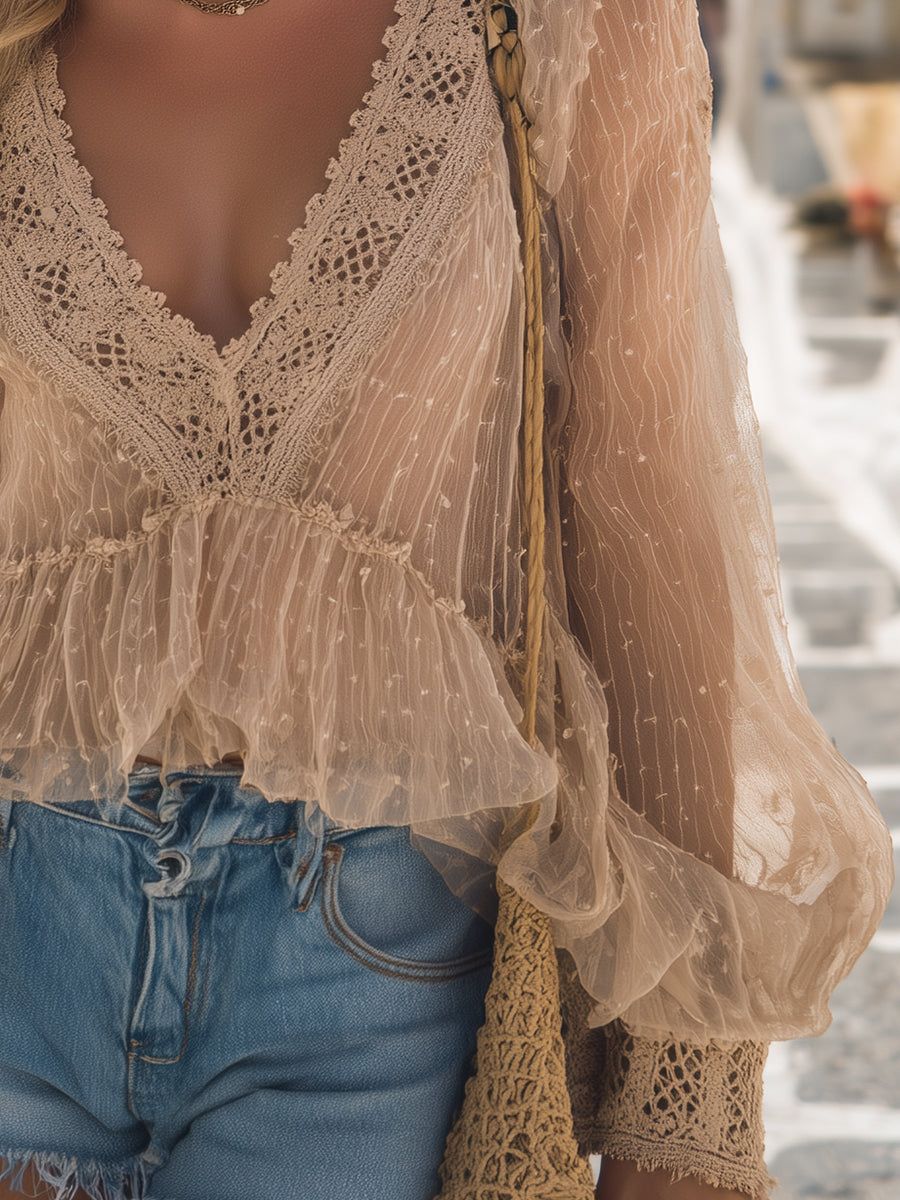 Fashionable Bohemian Lace V-neck Beige Chiffon Top