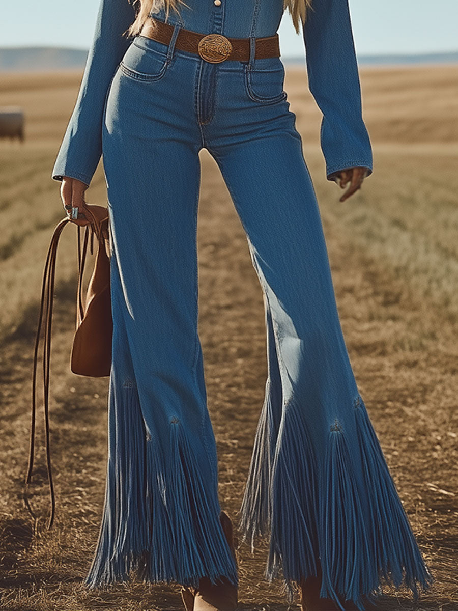 Western Retro Lace-Up Tassel Blue Denim Long-Sleeved Jumpsuit