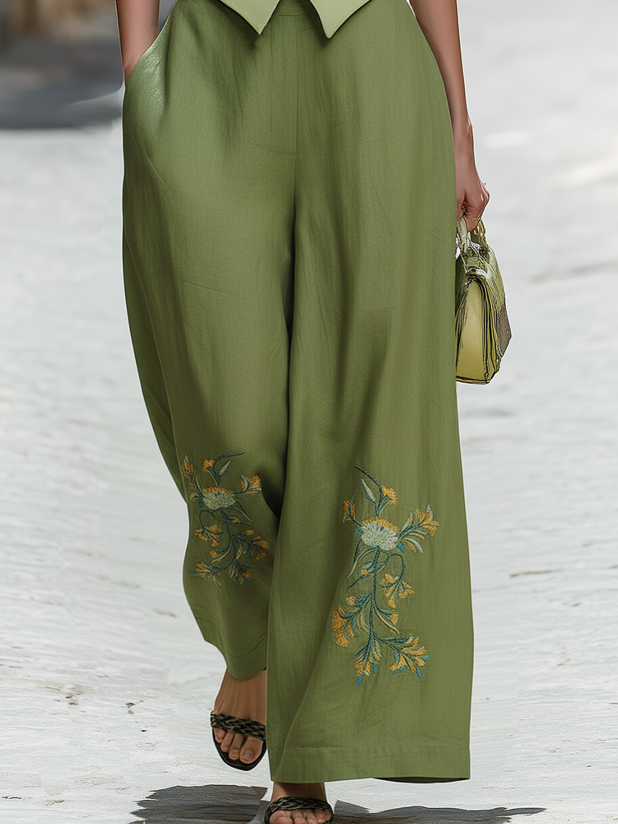 Bohemian Style Green Embroidered Top And Trousers Set