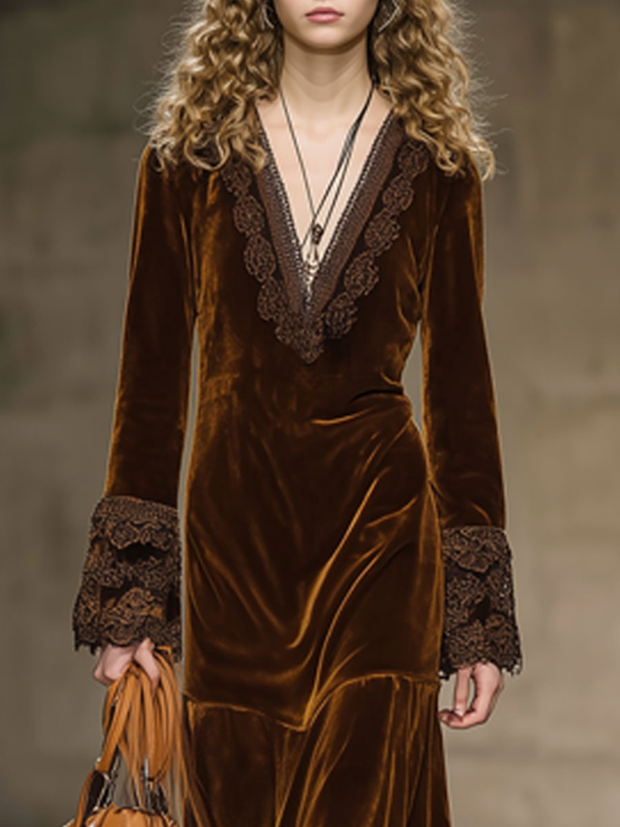 Vintage Caramel Brown Velvet Lace Long Sleeve Dress