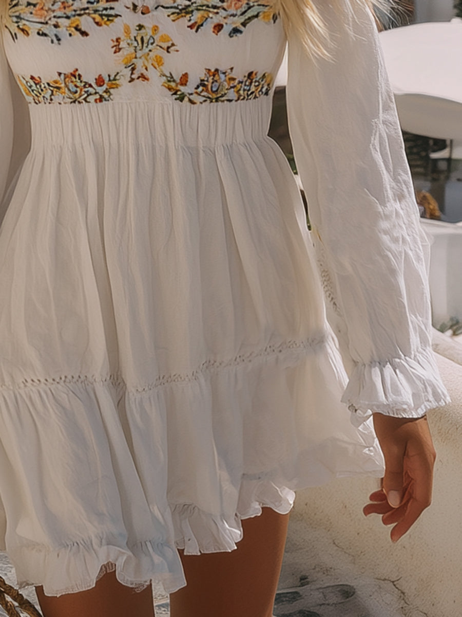 French Pastoral Style Embroidered Off-shoulder White Ruffled Mini Dress