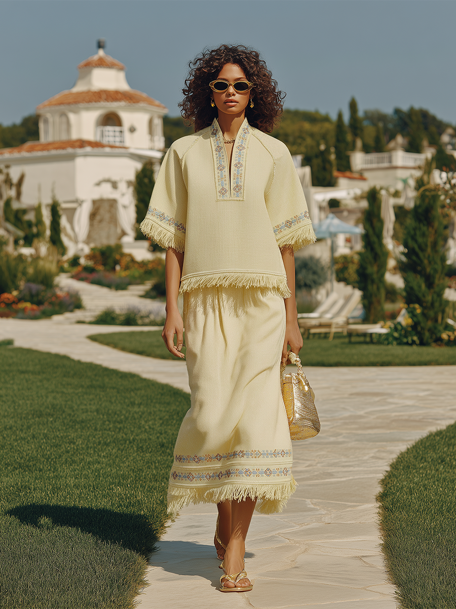 Bohemian Style High-neck Embroidered Short-sleeved Top And Skirt Set