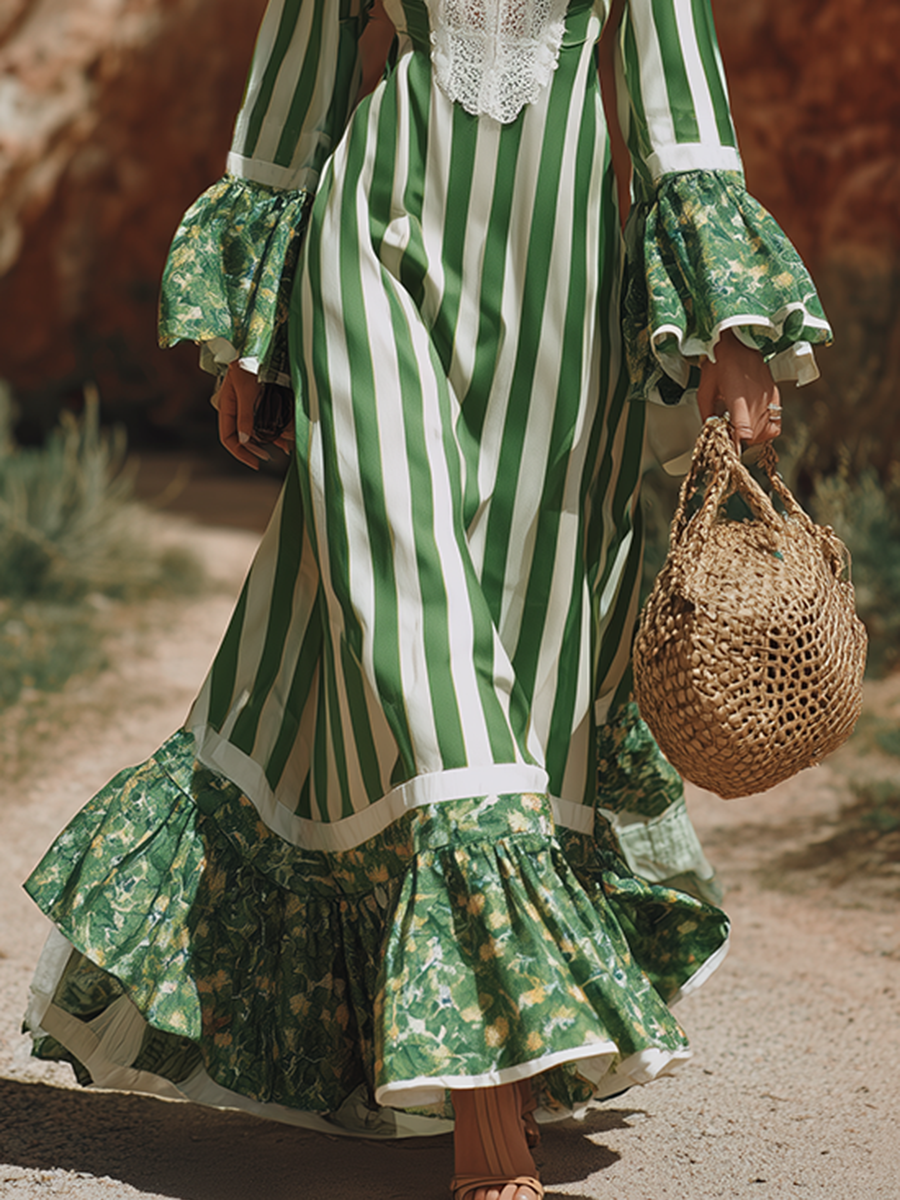 Loose-fitting Bohemian V-neck Lace And Printed Satin Maxi Dress