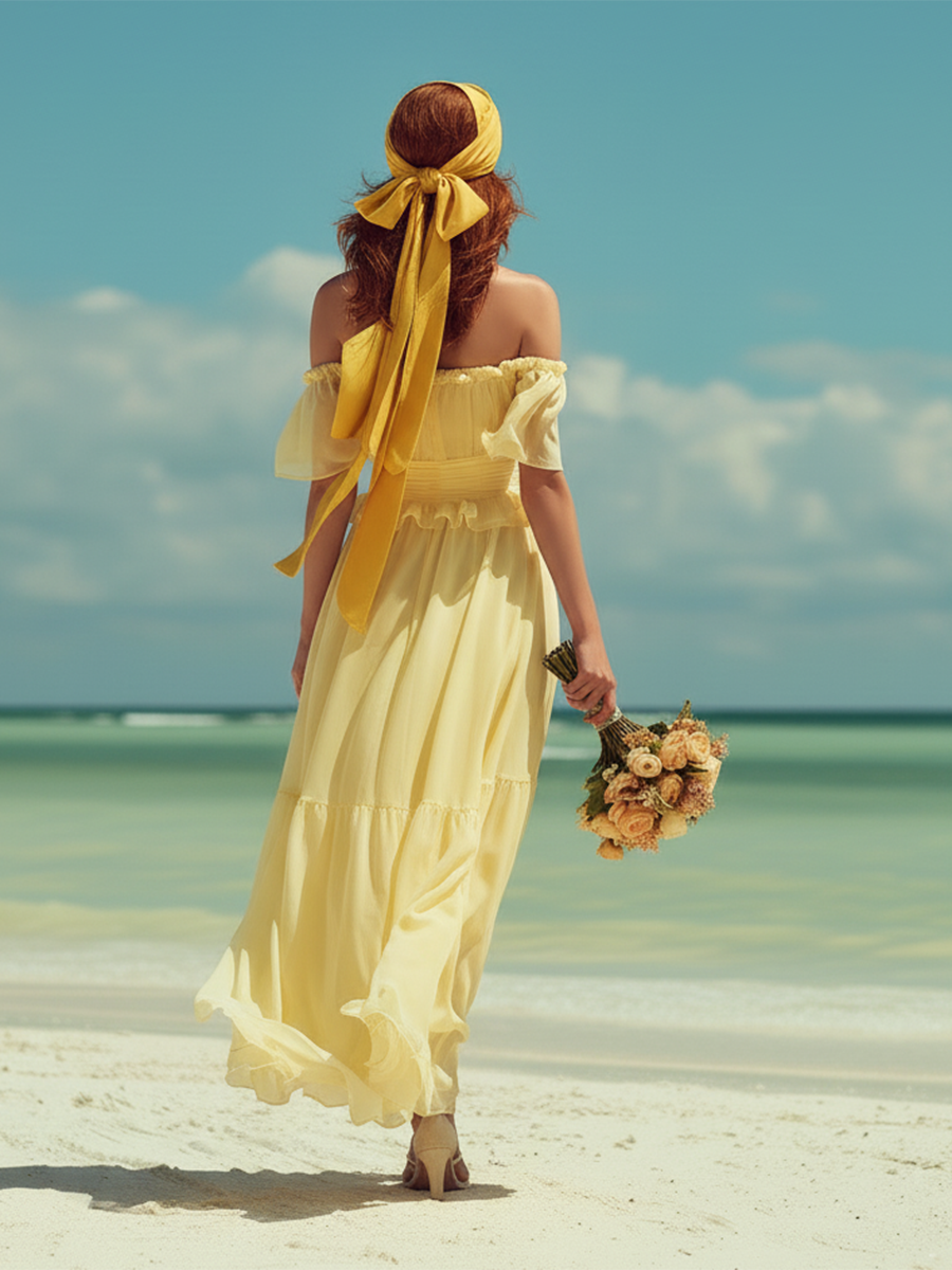 Vacation-style Chiffon Off-the-shoulder Short-sleeved Maxi Dress