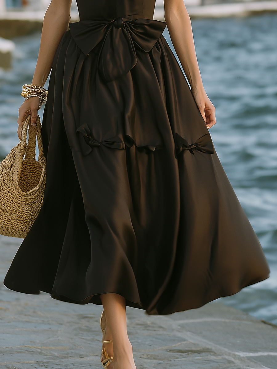 Classic And Elegant Thin Straps And Bow Black Satin A-line Midi Dress