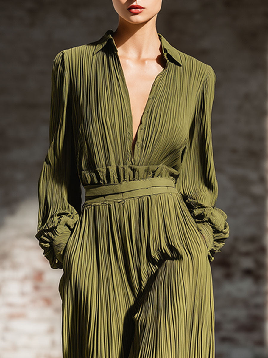 Retro Avocado Textured Wrinkled Long Sleeve Shirt Wide Leg Pants Set