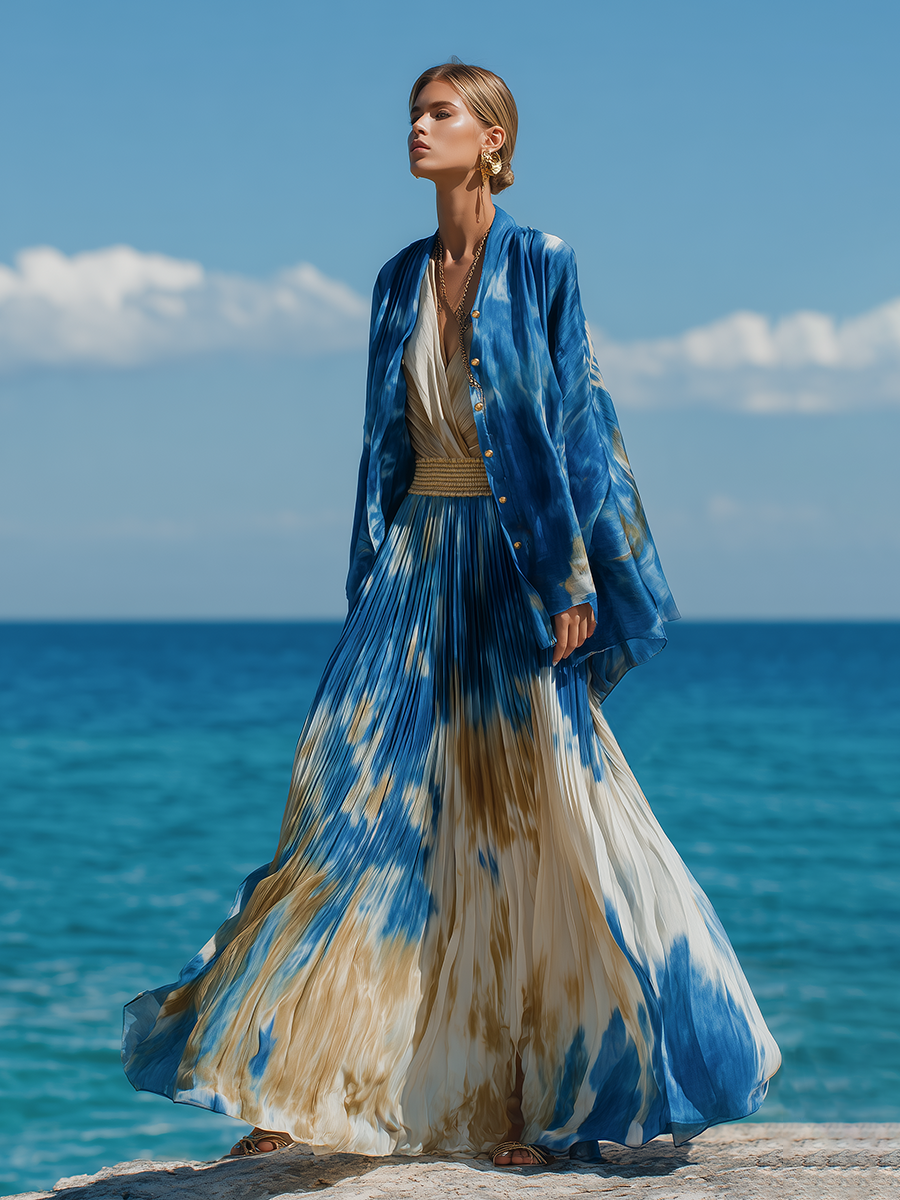 Stylish Vacation-style Printed Chiffon Shirt And Pleated Skirt Set