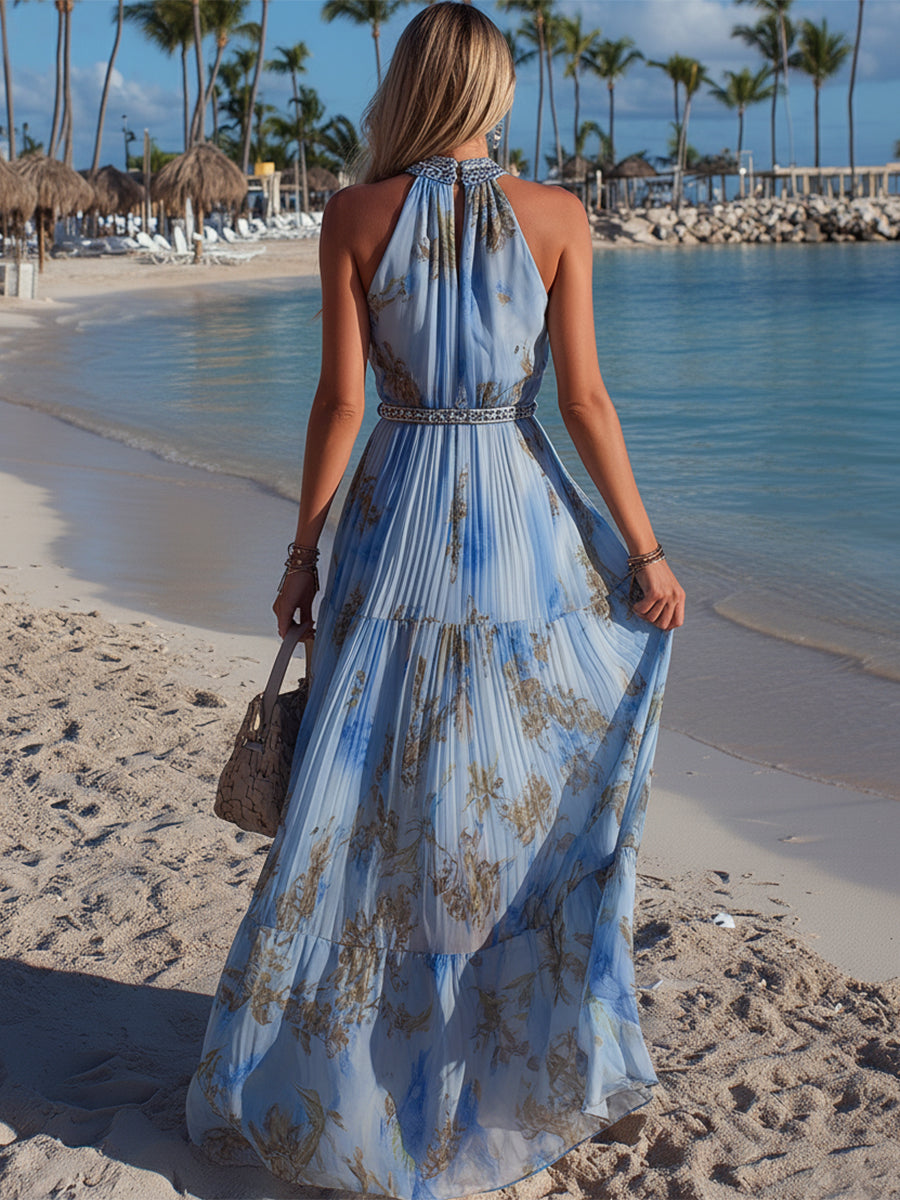 Bohemian Resort Chiffon Print Halter Neck Pleated Maxi Dress