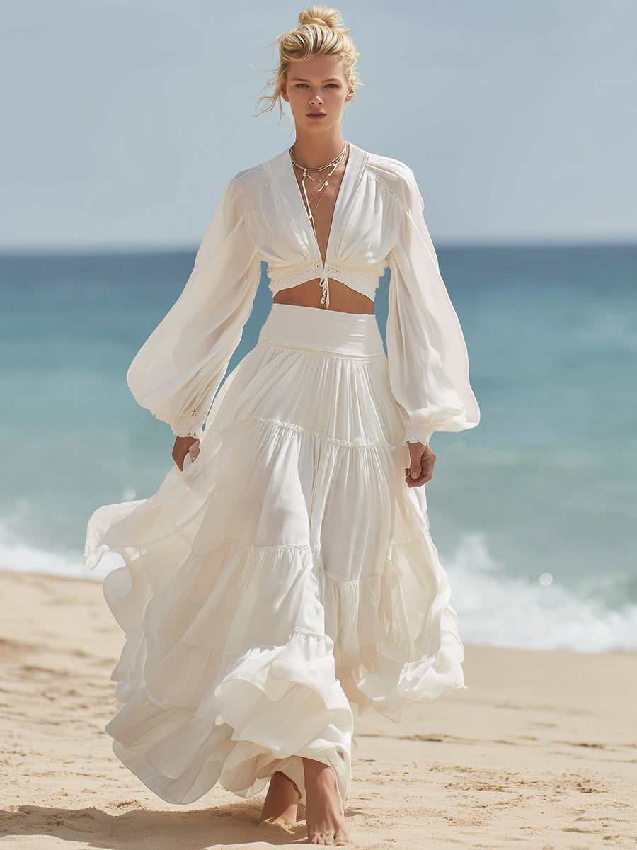 Bohemian Vacation Style Off-white V-neck Top And Ruffled Skirt Set