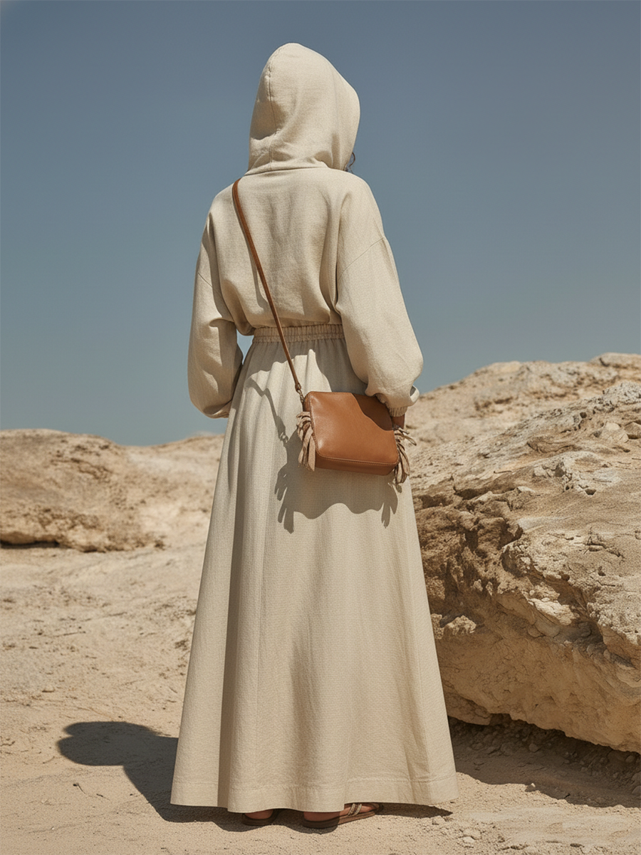 Vacation-style Cotton And Linen Hooded Long-sleeved Maxi Dress