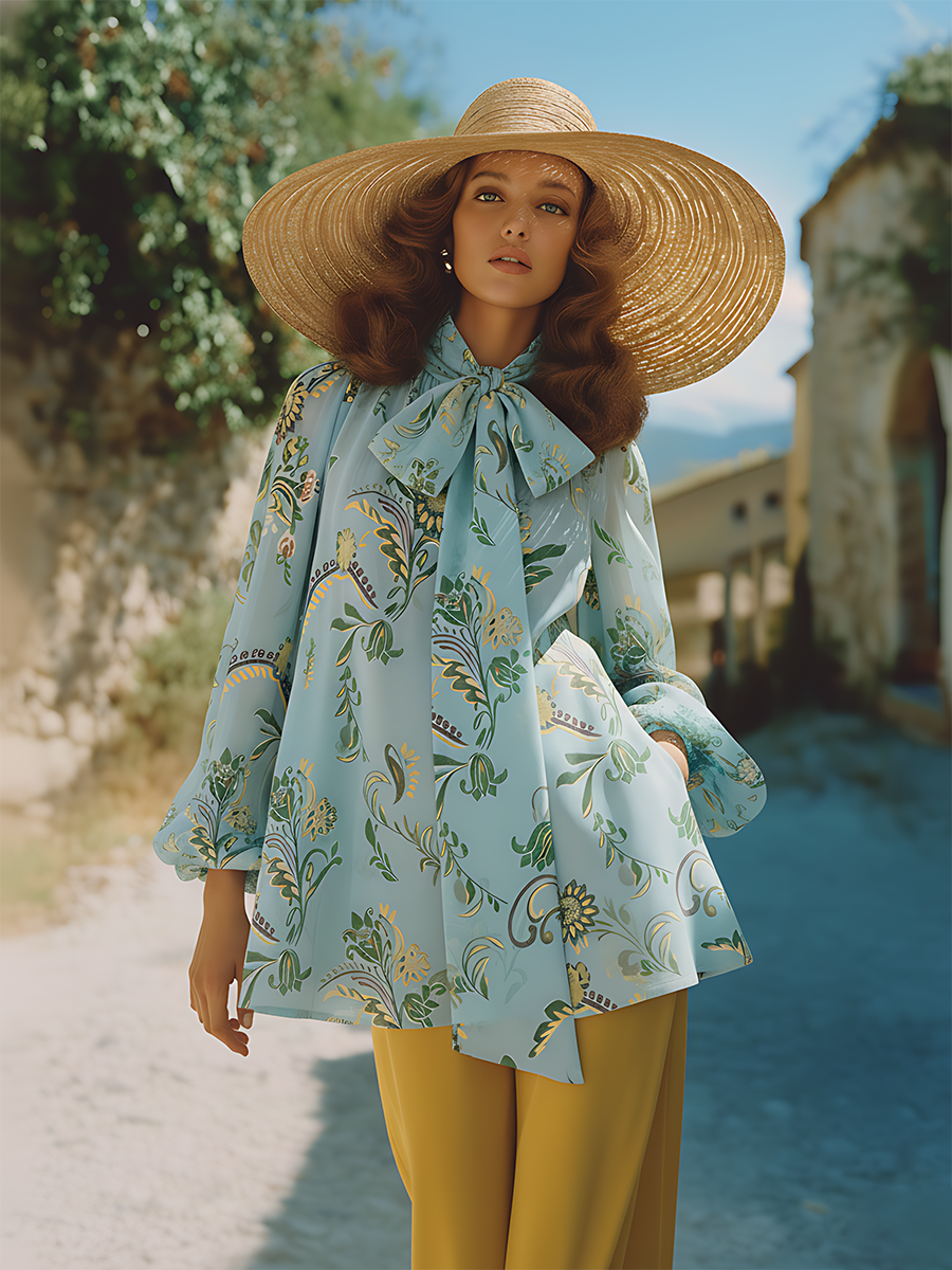 Romantic Bohemian Floral Print Tie-neck Collar Chiffon Blouse