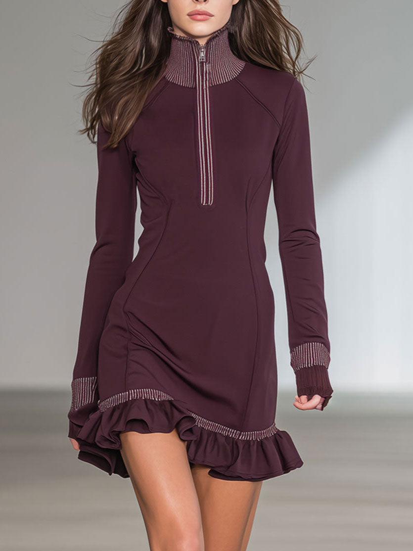 Casual Sports Burgundy Stand-Up Collar Striped Ruffled Long-Sleeved Mini Dress