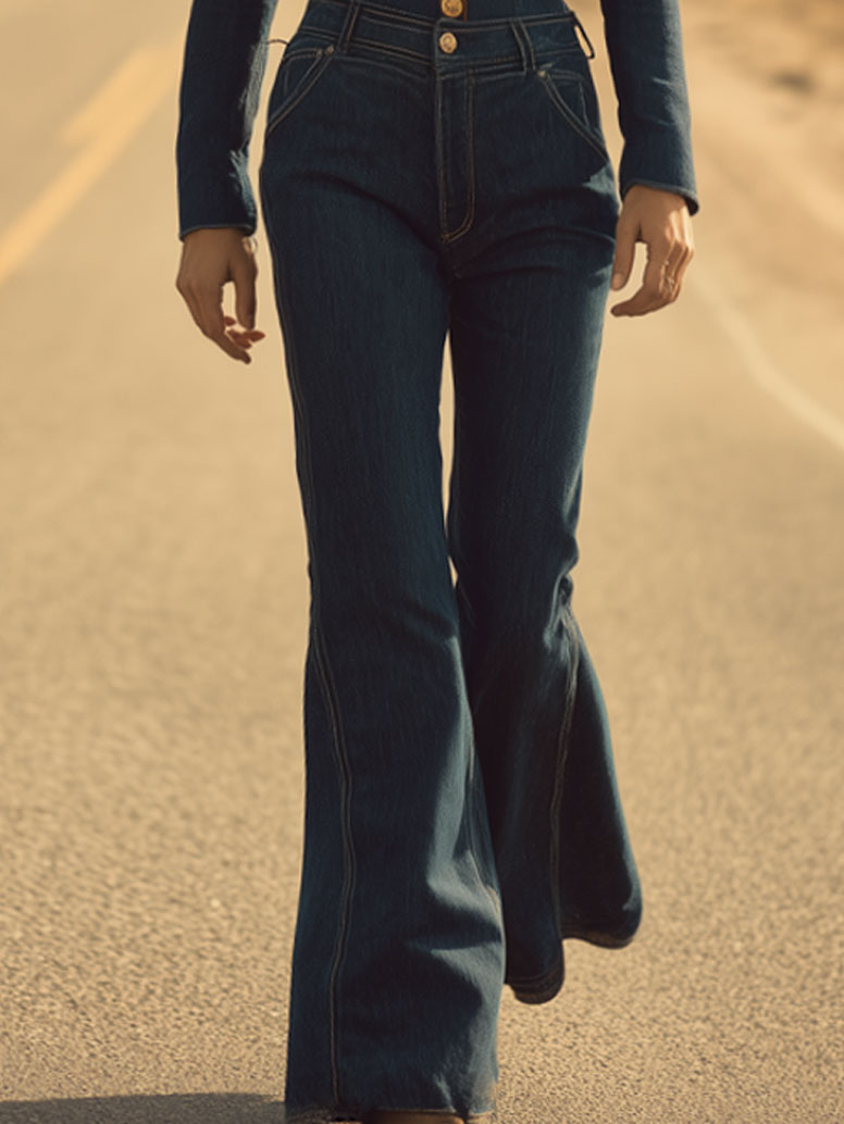 Retro Casual Dark Blue Washed Denim Suede Lapel Long-Sleeved Jumpsuit