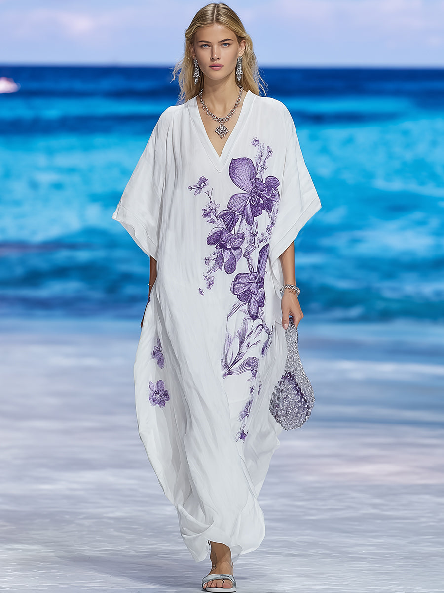 Bohemian Resort Purple Floral Print White Cotton Linen V-Neck Batwing Sleeve Maxi Dress
