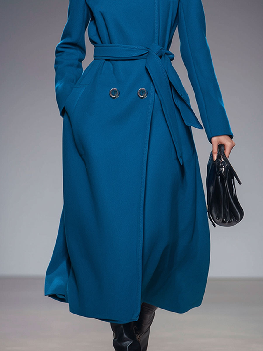 Casual Loose Blue Wool Double-Breasted Long Coat