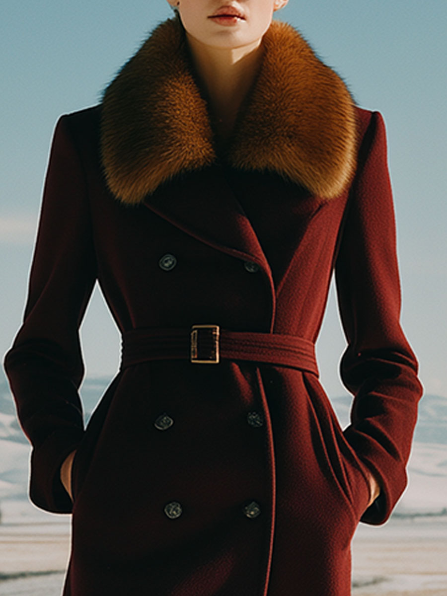 Luxury Waterproof Mink Collar Long Burgundy Wool Coat
