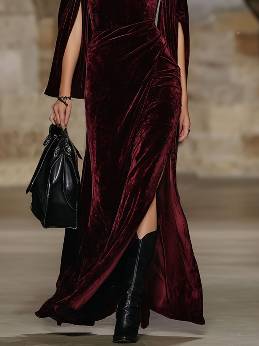 Fashion Retro Wine Red Velvet Long-Sleeved Slit Maxi Dress