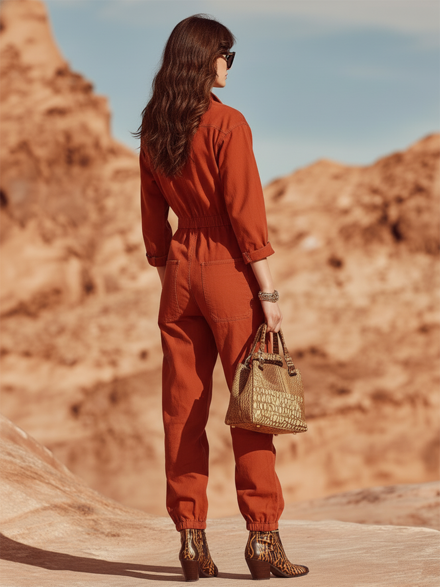 Vacation And Adventure Style Red Cotton Long-sleeved Jumpsuit