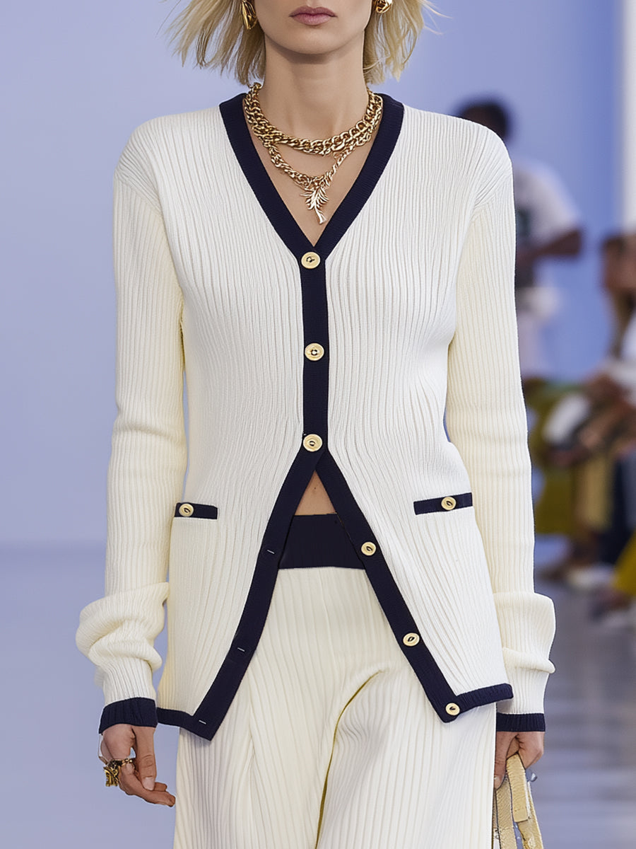 Elegant Nautical Style Navy Blue Trim Off-white Knitted Cardigan And Trousers Set