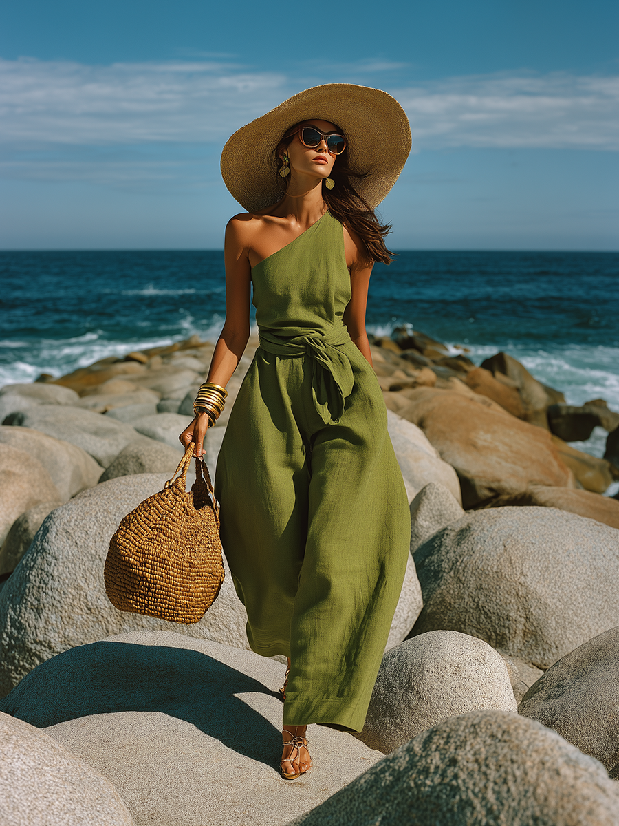 Loose-fitting Vacation One-shoulder Wide-leg Jumpsuit