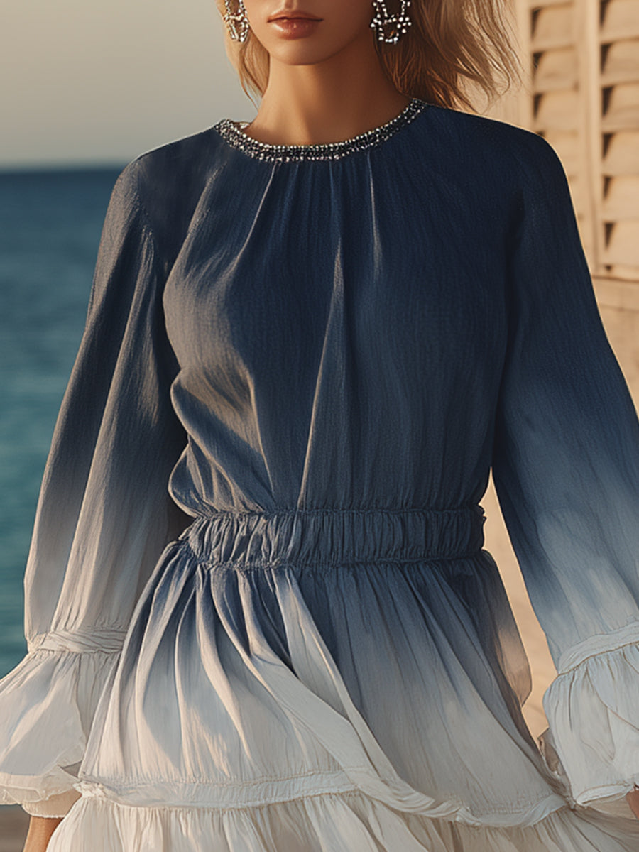 Fashionable Vacation Gradient Blue Chiffon Ruffled Long-sleeved Mini Dress