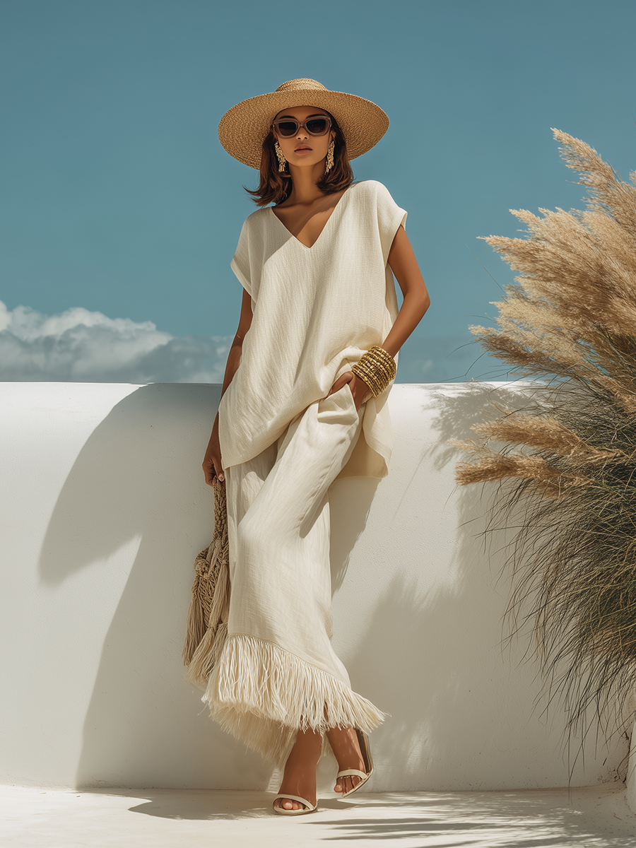 Simple Bohemian V-neck Short-sleeved Top And Fringed Skirt Cotton-linen Set